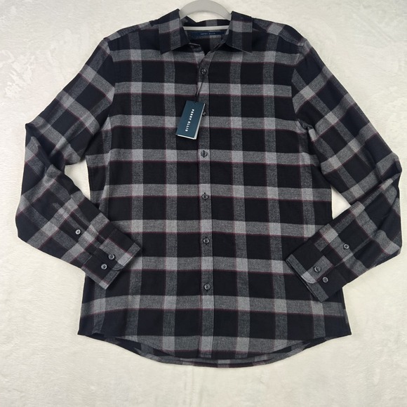 NWT Perry Ellis Mens Black Gray Red Plaid Shirt Sz Medium Button Up Long Sleeve - Picture 1 of 10